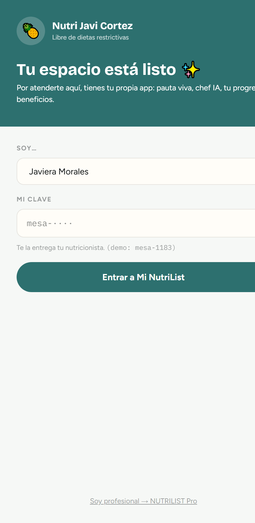 Mi NutriList: acceso del paciente con la marca de su nutricionista